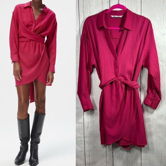 Zara Fuchsia Pink Belted Shirt Dress Crinkle Texture Wrap Style Modern Chic - Picture 1 of 16